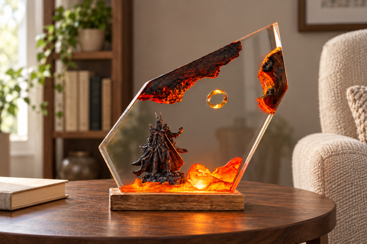 Dark Volcano Resin Night Lamp – Golden Ring Above Glowing Lava, Handmade Epoxy Diorama Light on Wood Base