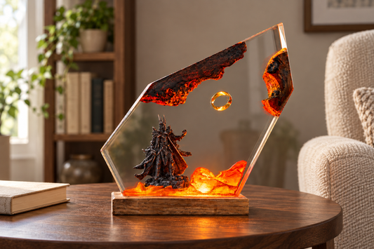 Dark Volcano Resin Night Lamp – Golden Ring Above Glowing Lava, Handmade Epoxy Diorama Light on Wood Base