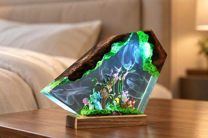 Enchanted Forest Resin Lamp – Tiny Woodland Creatures Under a Magic Tree, Handmade Epoxy Night Light with Wood Base