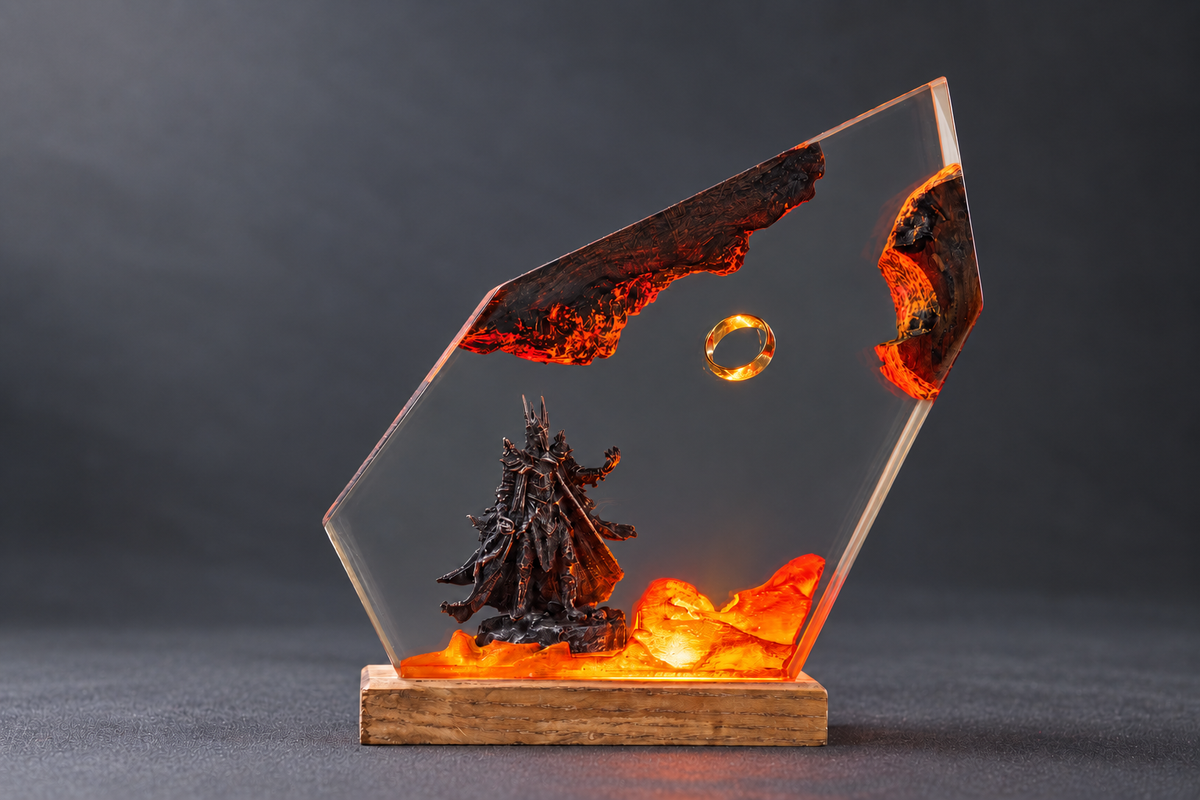 Dark Volcano Resin Night Lamp – Golden Ring Above Glowing Lava, Handmade Epoxy Diorama Light on Wood Base