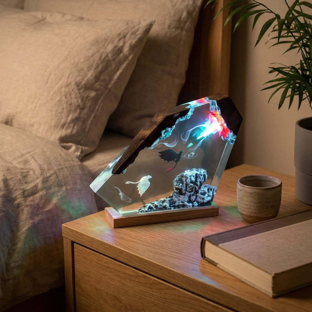 Black & White Dragon Couple Resin Lamp – Two Dragons Flying Above the Clouds, Handmade Epoxy Night Light on Wood Base