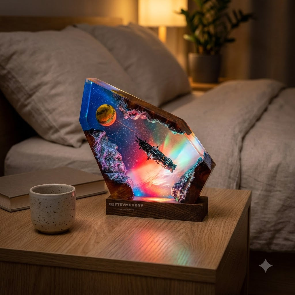 Starship Asteroid Field Resin Lamp – Spaceship Diorama Night Light, Handmade Epoxy Galaxy Lamp on Wood Base