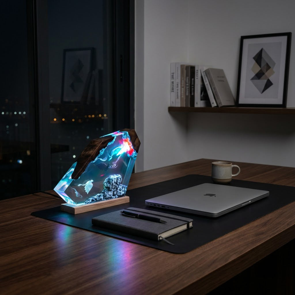 Black & White Dragon Couple Resin Lamp – Two Dragons Flying Above the Clouds, Handmade Epoxy Night Light on Wood Base