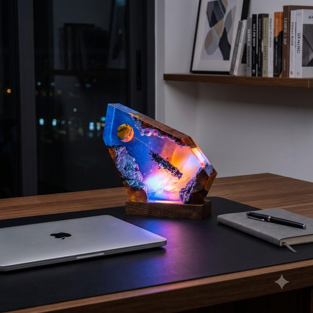 Starship Asteroid Field Resin Lamp – Spaceship Diorama Night Light, Handmade Epoxy Galaxy Lamp on Wood Base