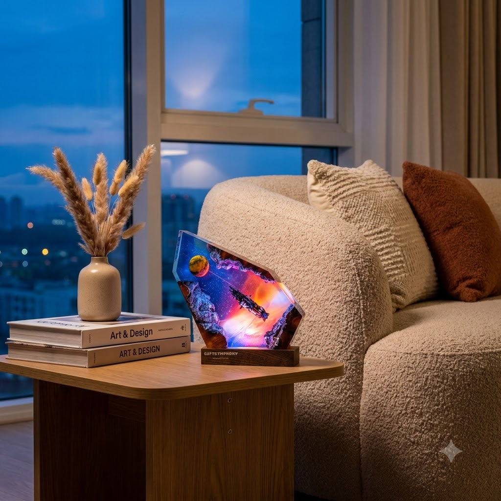 Starship Asteroid Field Resin Lamp – Spaceship Diorama Night Light, Handmade Epoxy Galaxy Lamp on Wood Base