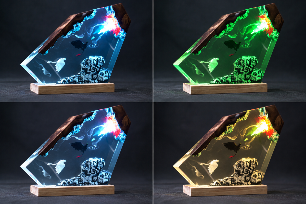 Black & White Dragon Couple Resin Lamp – Two Dragons Flying Above the Clouds, Handmade Epoxy Night Light on Wood Base