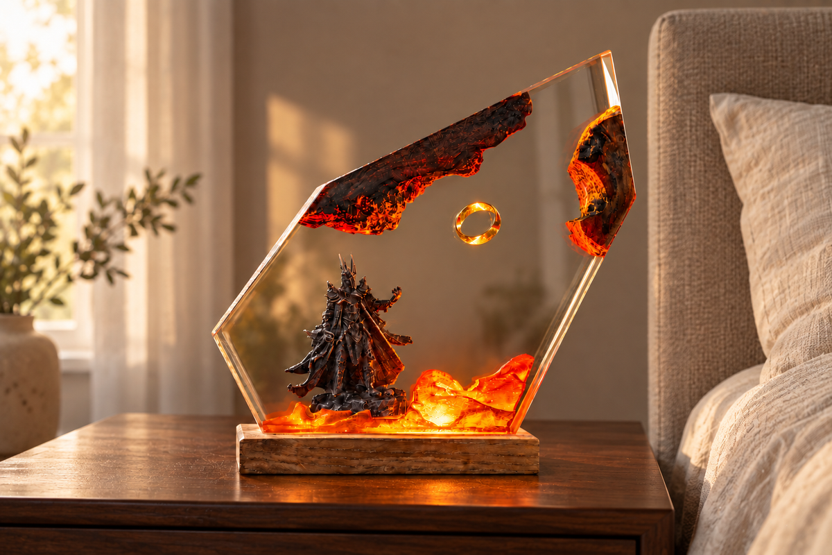 Dark Volcano Resin Night Lamp – Golden Ring Above Glowing Lava, Handmade Epoxy Diorama Light on Wood Base