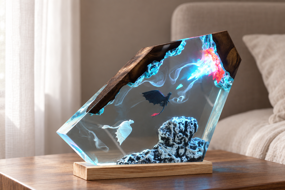 Black & White Dragon Couple Resin Lamp – Two Dragons Flying Above the Clouds, Handmade Epoxy Night Light on Wood Base