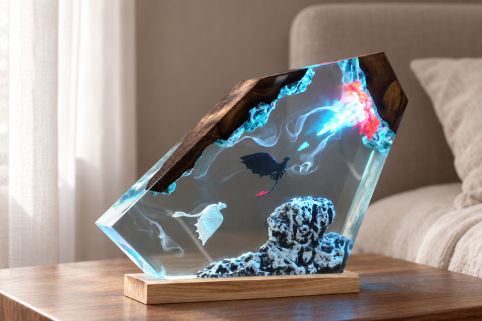 Black & White Dragon Couple Resin Lamp – Two Dragons Flying Above the Clouds, Handmade Epoxy Night Light on Wood Base
